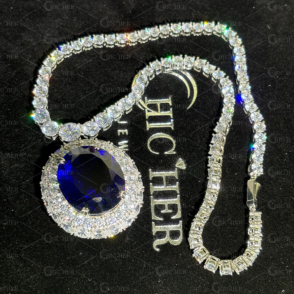Oval Cut Blue Sapphire Pendant Necklace 