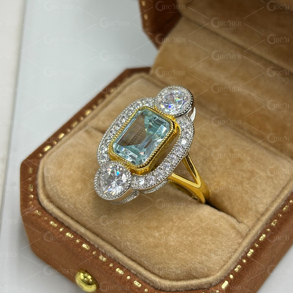 4ct Art Deco Design Emerald Cut Aquamarine Ring