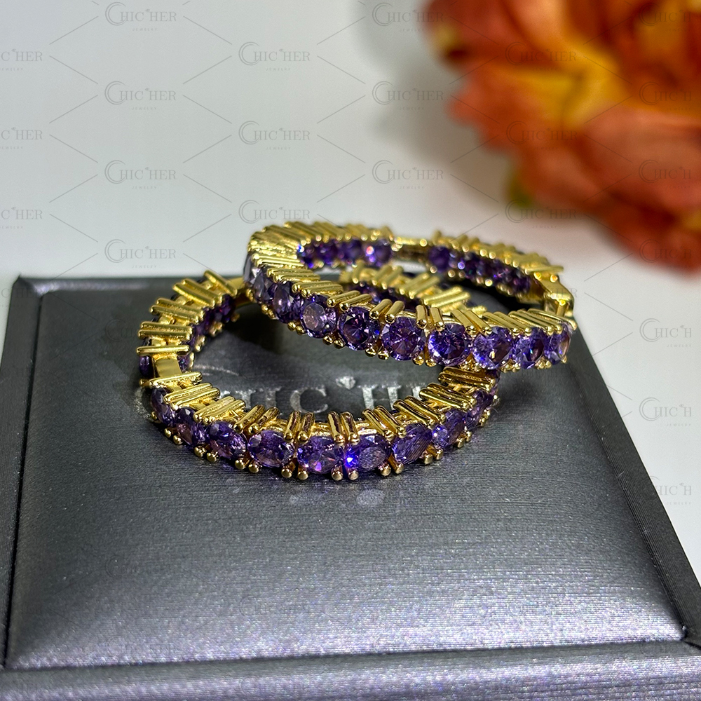Round Cut Amethyst Sapphire Hoop Earrings