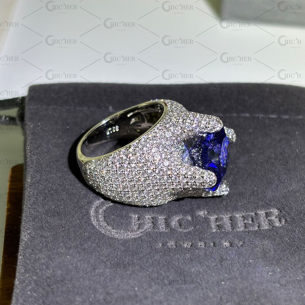 7ct Paved Setting Cushion Cut Blue Sapphire Cocktail Ring