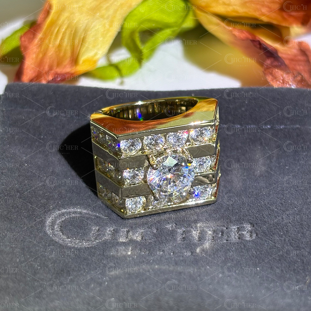 3ct Round Cut Men's Wide Band in Gold