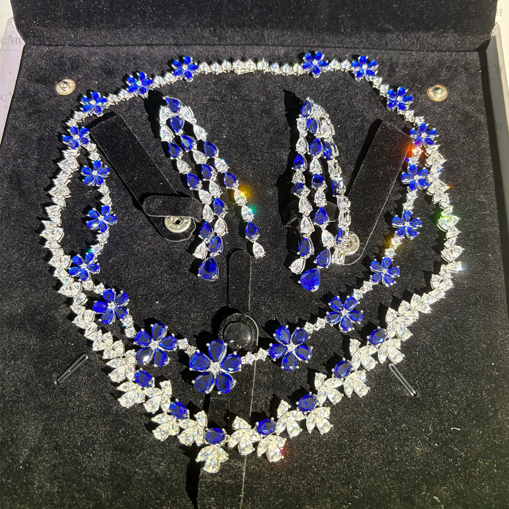 Floral Design Blue Sapphire Necklace&Earrings/2pcs