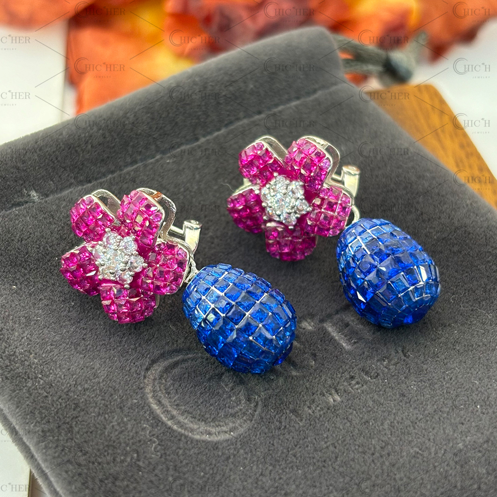 Flower Design Invisible Setting Diamond&Ruby&Sapphire Dangle Earrings