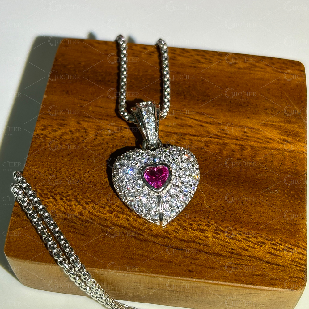 Fashion Two-tone Pink&Diamond Heart Pendant Necklace