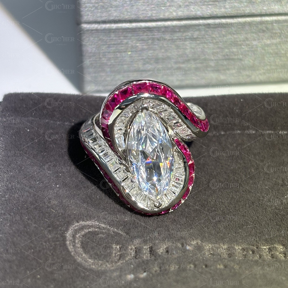 Invisible Setting 5ct Marquise Cut White Sapphire Swirling Ring