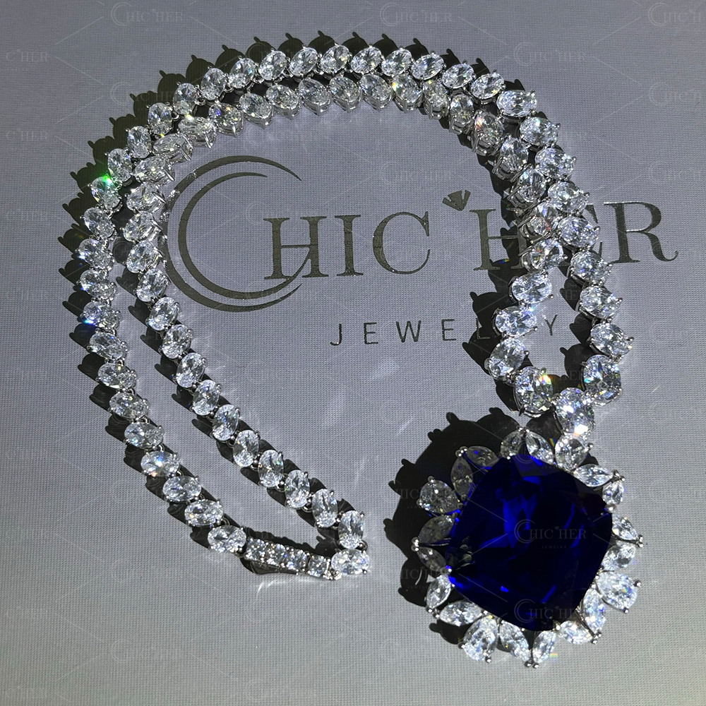 Halo Cushion Cut Blue Sapphire Pendant Necklace