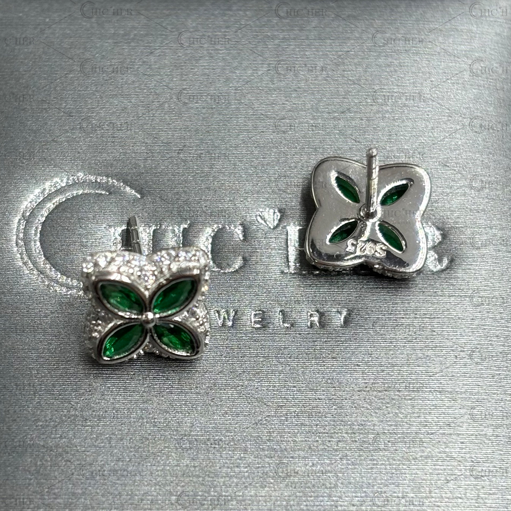 Clover Design Emerald&Diamond Men's Stud Earrings
