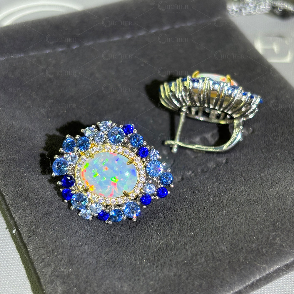 Oval Cut Opal Sapphire Stud Earrings