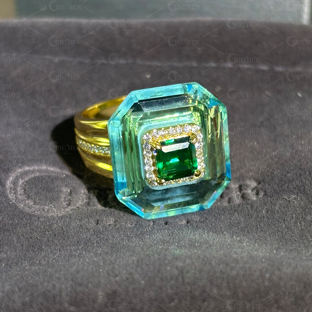 2ct Unique Emerald Cut Emerald Sapphire Engagement Ring