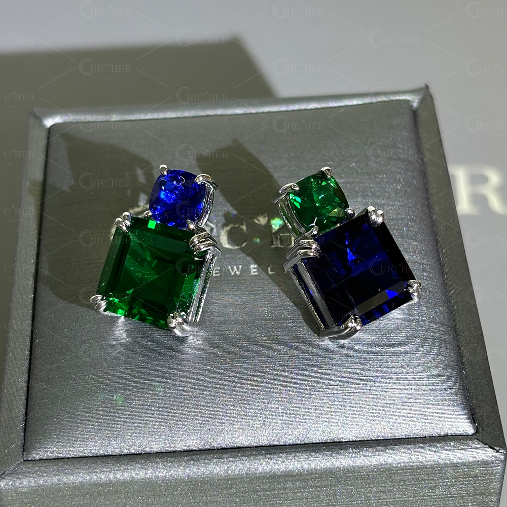 Unique Emerald&Sapphire Stud Earrings