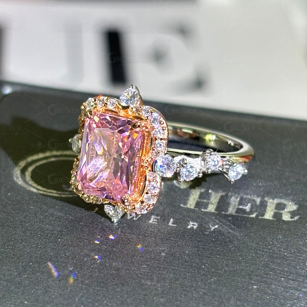Halo 6ct Radiant Cut Pink Sapphire Engagement Ring