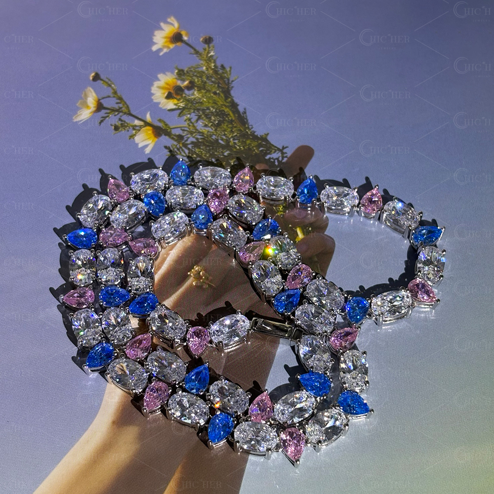 Pear&Oval Cut Rainbow Sapphire Men's Necklace