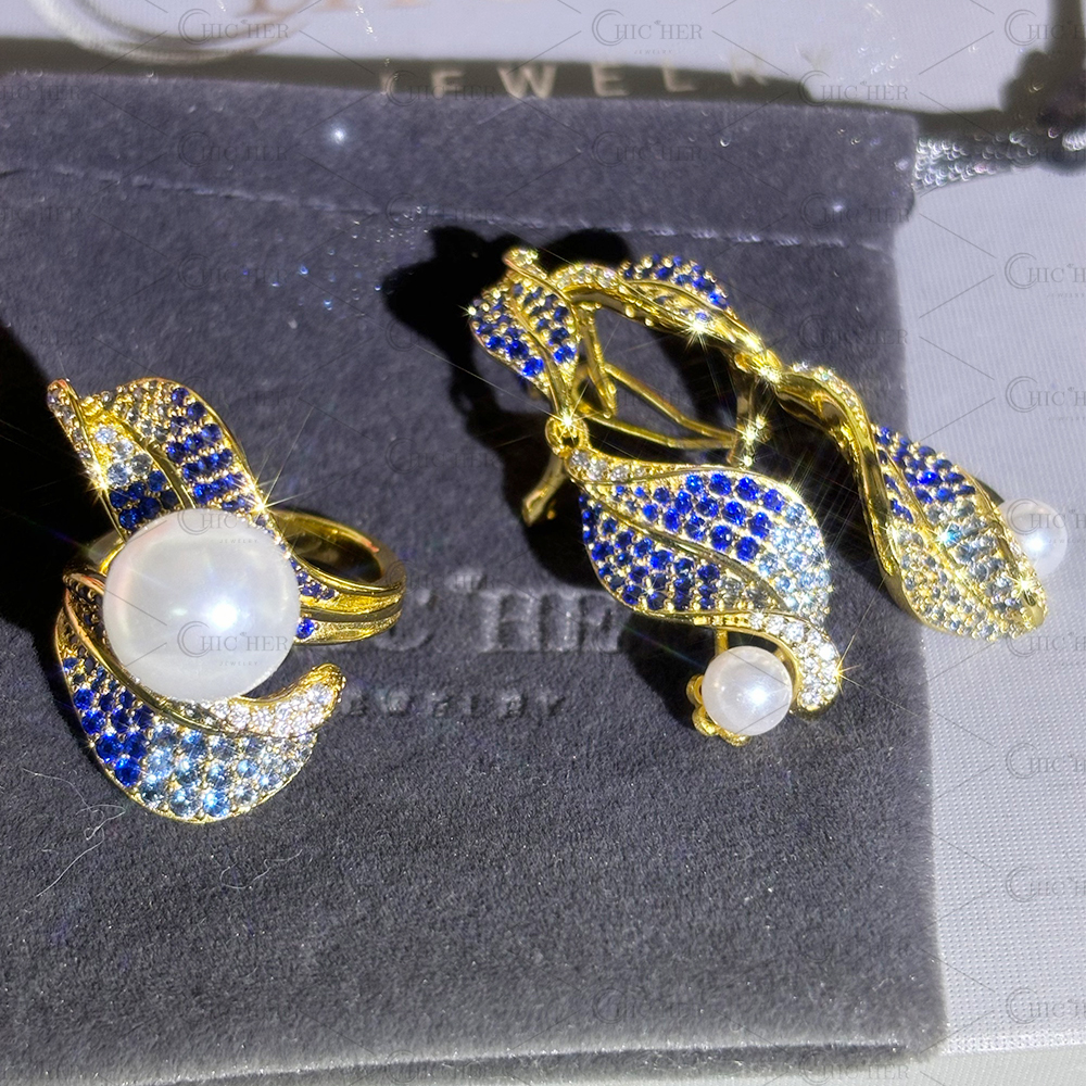 Leaf Design White Pearl&Gradient Sapphire Earrings&Ring Jewelry Set