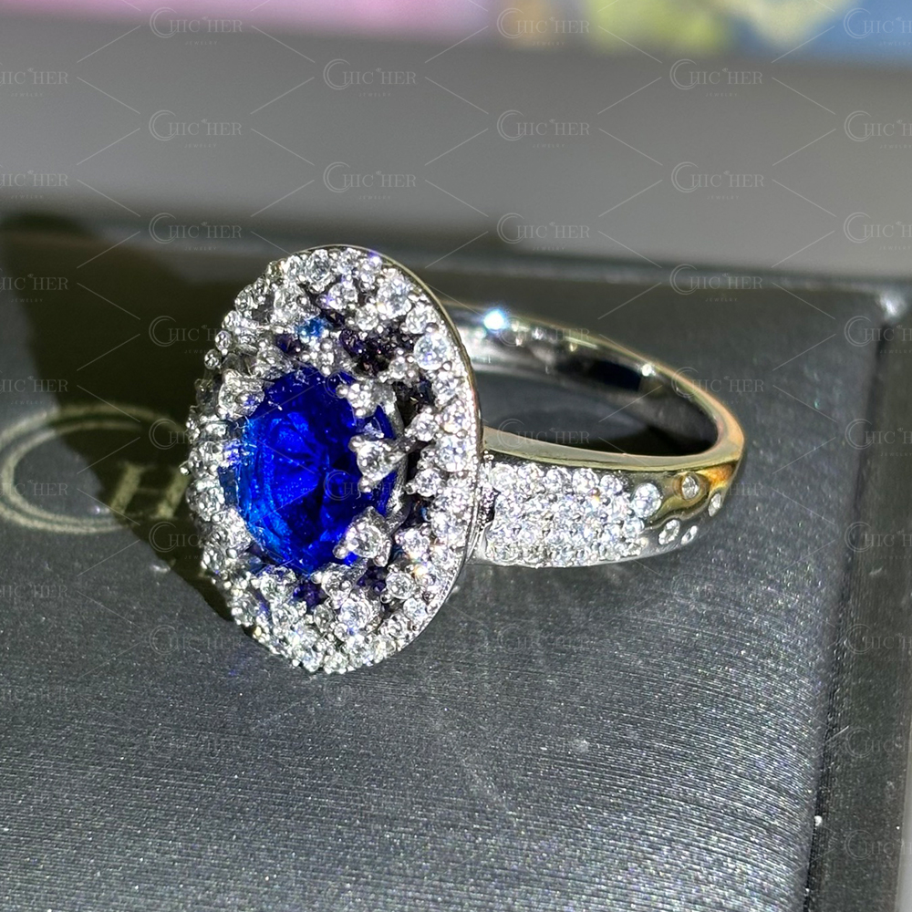 Pave Setting 2ct Oval Cut Blue Sapphire Cocktail Ring
