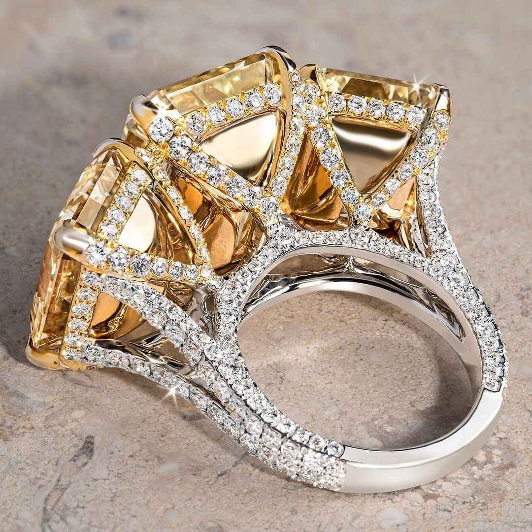 7ct Three Stone Emerald Cut Yellow Sapphire Engagement Ring