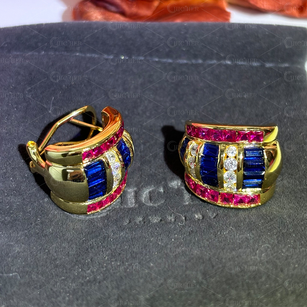 Three Tone Blue&Ruby&White Sapphire Hoop Earrings