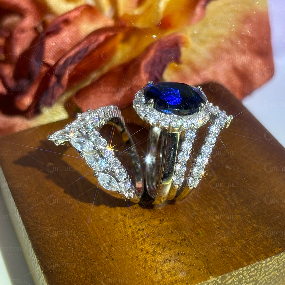Halo 4ct Oval Cut Blue Sapphire Wedding Set/3pcs