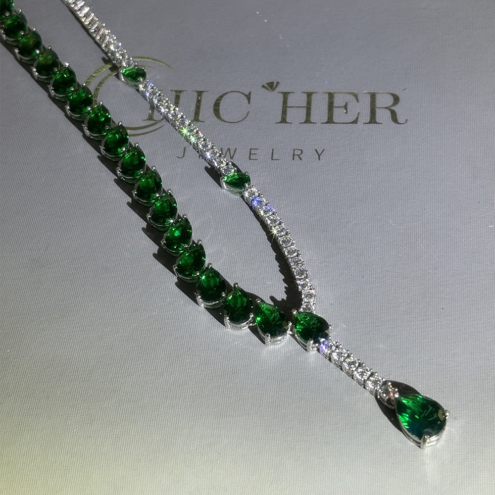 Two Tone Emerald&White Sapphire Lariat Necklace
