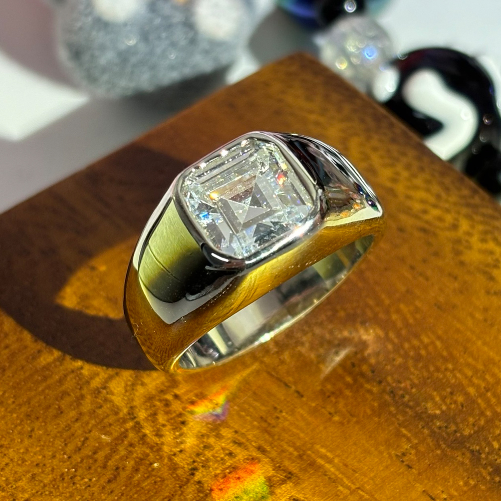 Bezel Setting 3ct Asscher Cut White Sapphire Men's Engagement Ring