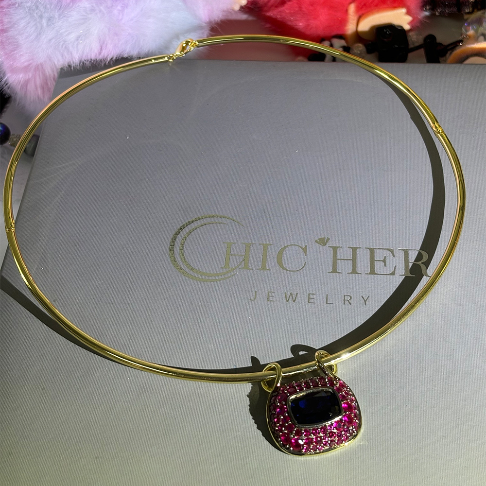 Longevity Lock Design Blue&Ruby Sapphire Two Tone Choker Necklace