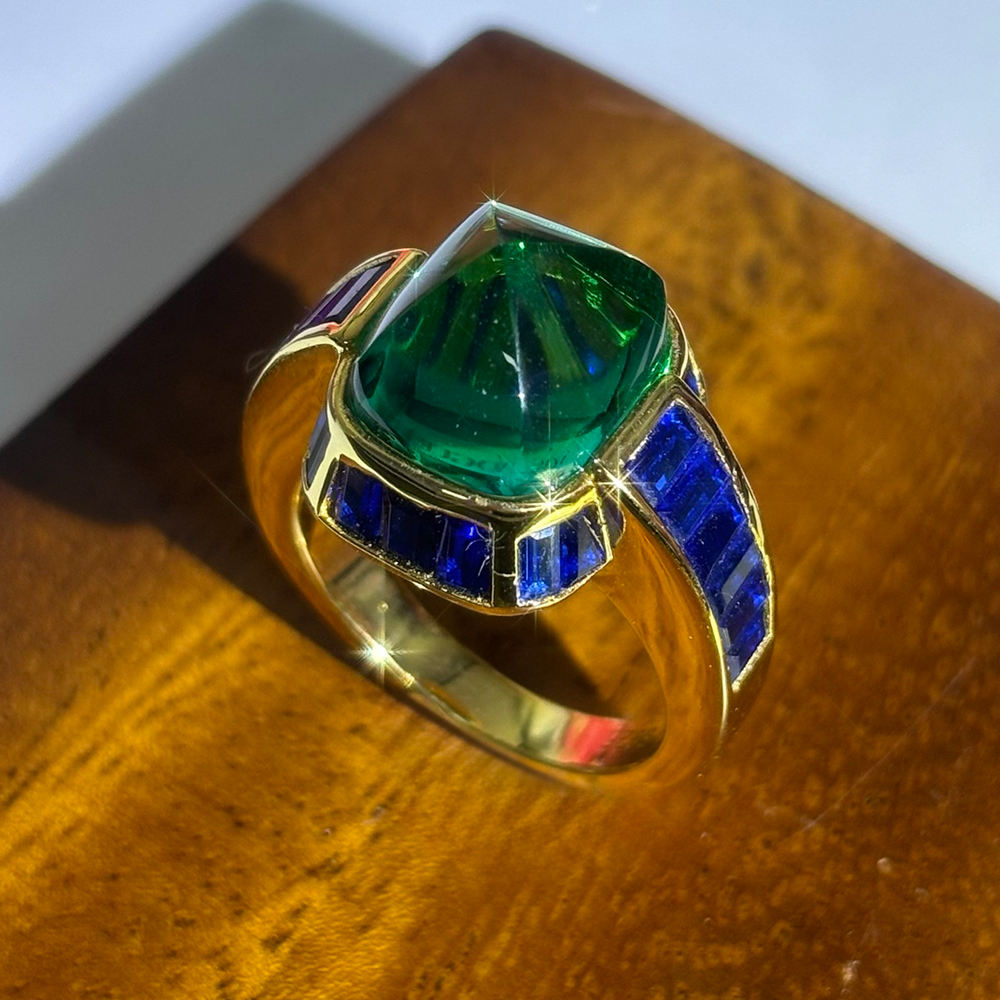 Sapphire Halo 10ct Cabochon Cut Emerald Sapphire Cocktail Ring