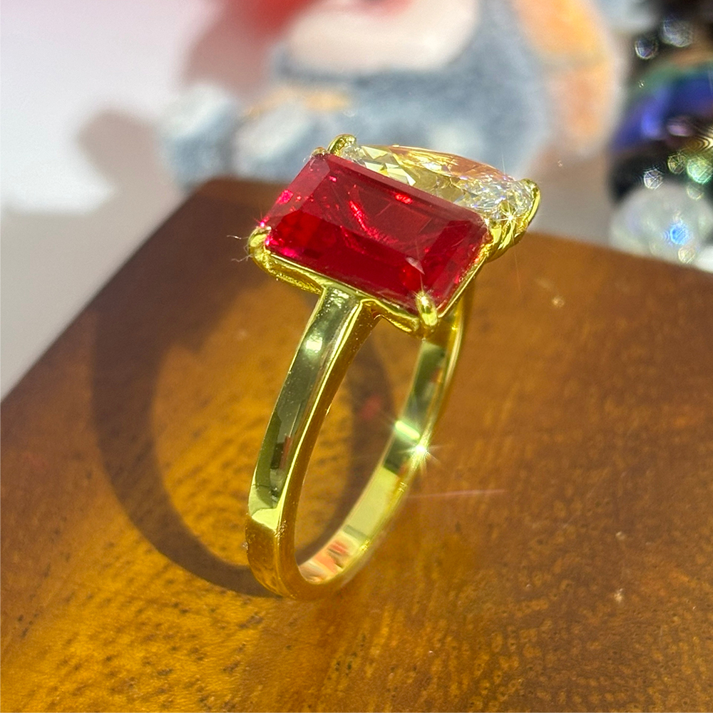 Toi et Moi 7ct Emerald&Pear Cut Ruby&White Sapphire Engagement Ring