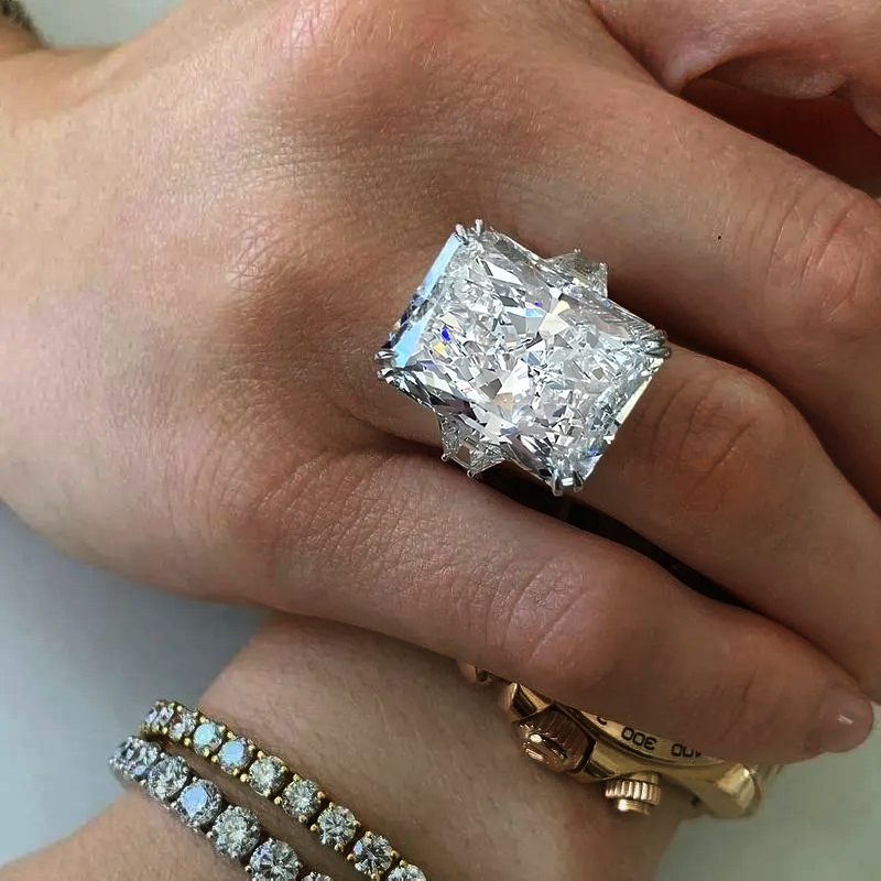 11.26ct Three-stone Radiant Cut White Sapphire Engagement Ring 