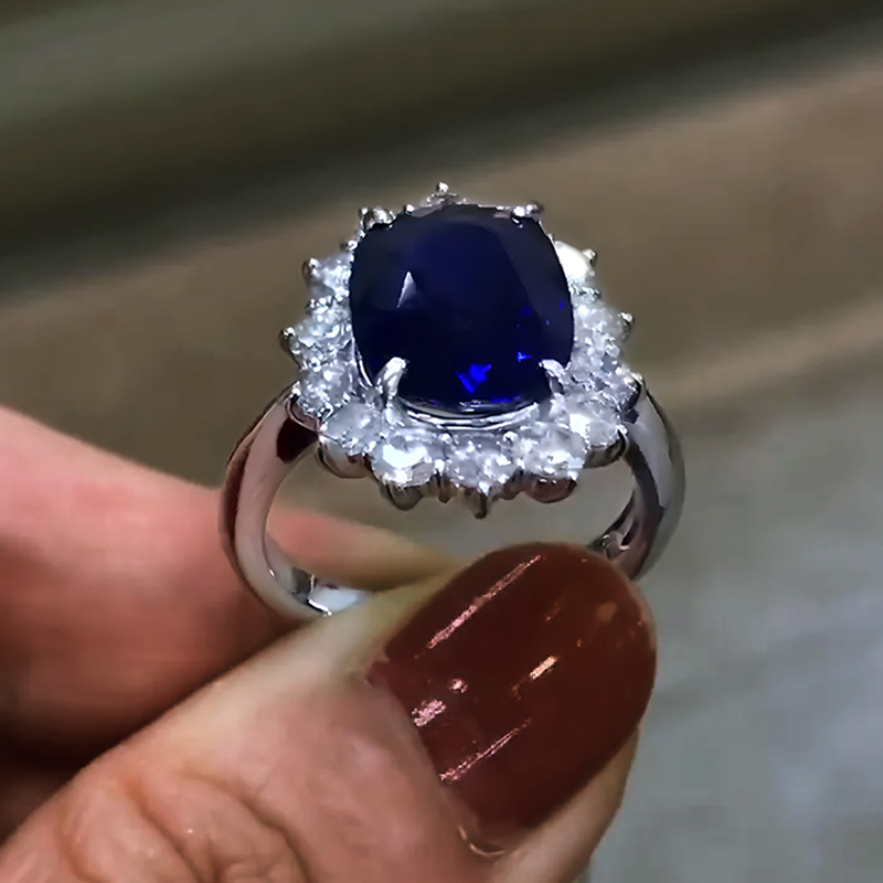 6ct  Halo Cushion Cut Blue Sapphire Engagement Ring