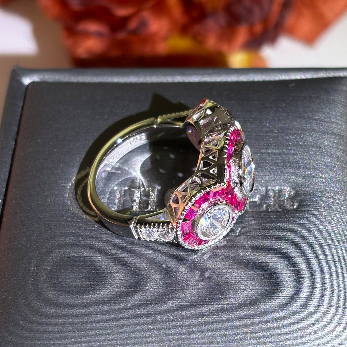 Art Deco Ruby Halo 5ct Round Cut White Sapphire Three Stone Ring