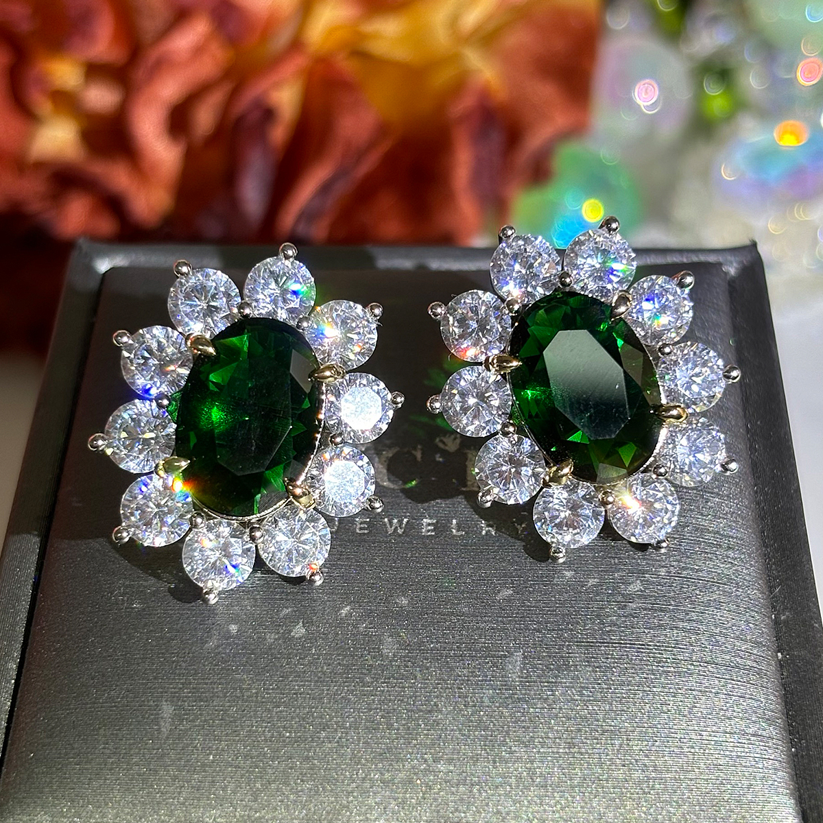 Halo Oval Cut Emerald Green Sapphire Stud Earrings