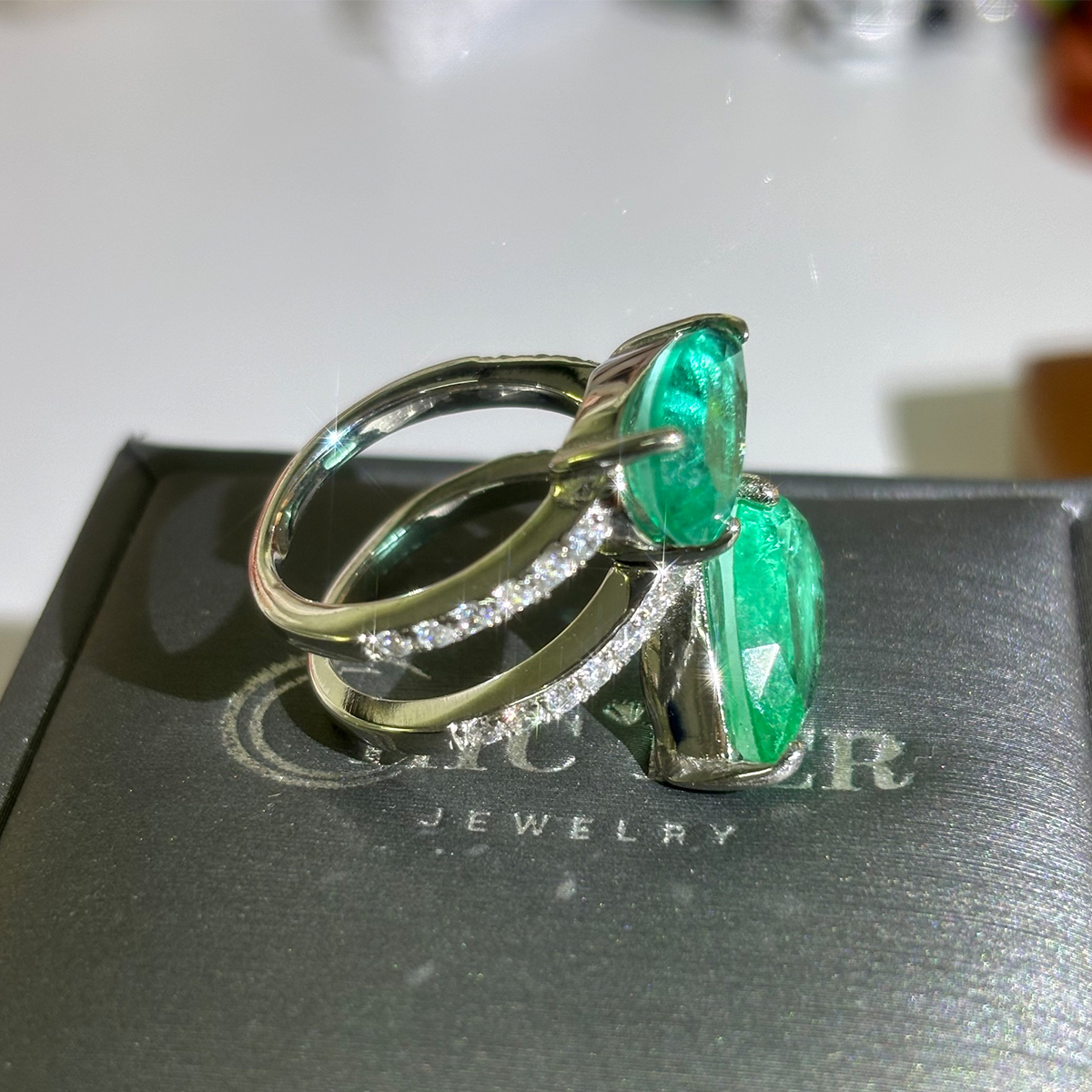 4.55ct Double-stone  Pear Cut Green Sapphire Ring