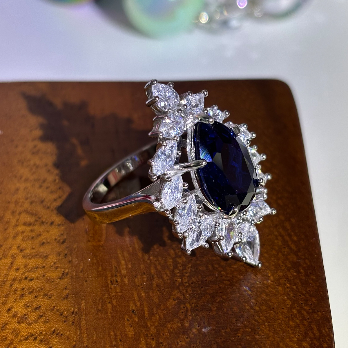 2.5ct Halo Pear Cut Sapphire Ring in 925 Sterling Silver