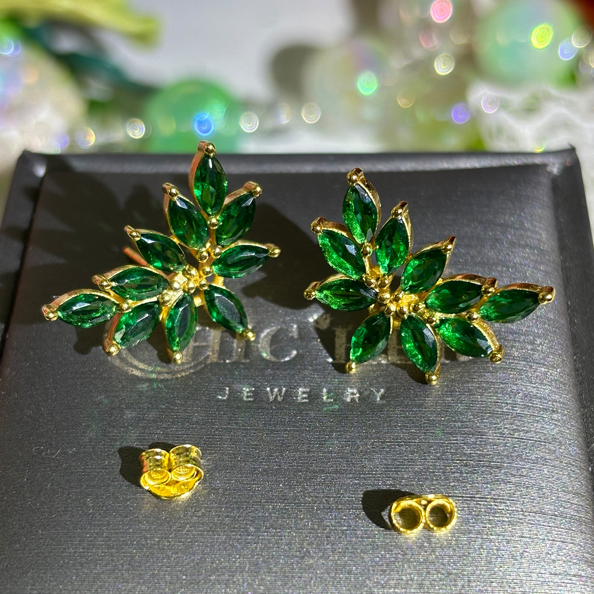 Vintage Marquise Cut Emerald Sapphire Stud Earrings
