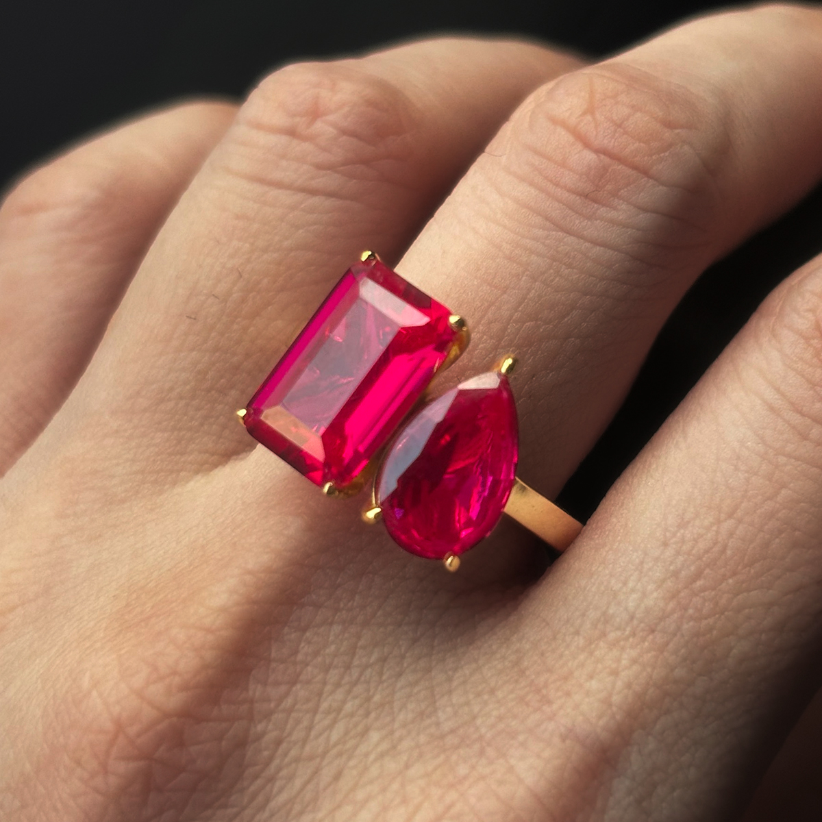 Toi et Moi 7ct Emerald&Pear Cut Ruby Sapphire Engagement Ring