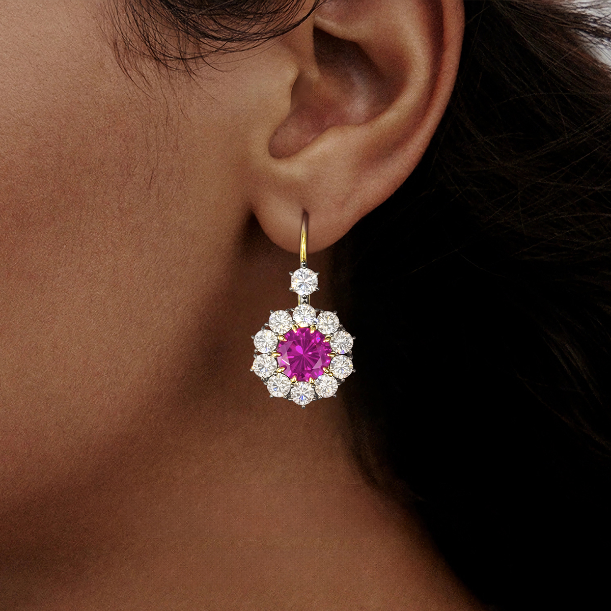 Round Cut Ruby Sapphire Cluster Earrings