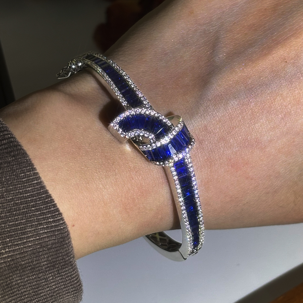 Diamond and Blue Sapphire Baguette Embrace Bangle Bracelet 