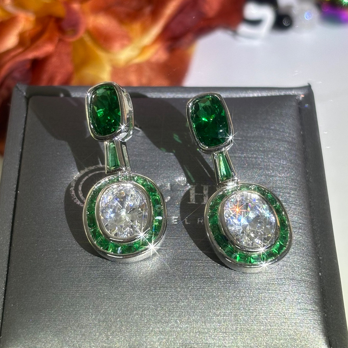 Art Deco Two Tone Yellow&Emerald Sapphire Dangle Earrings