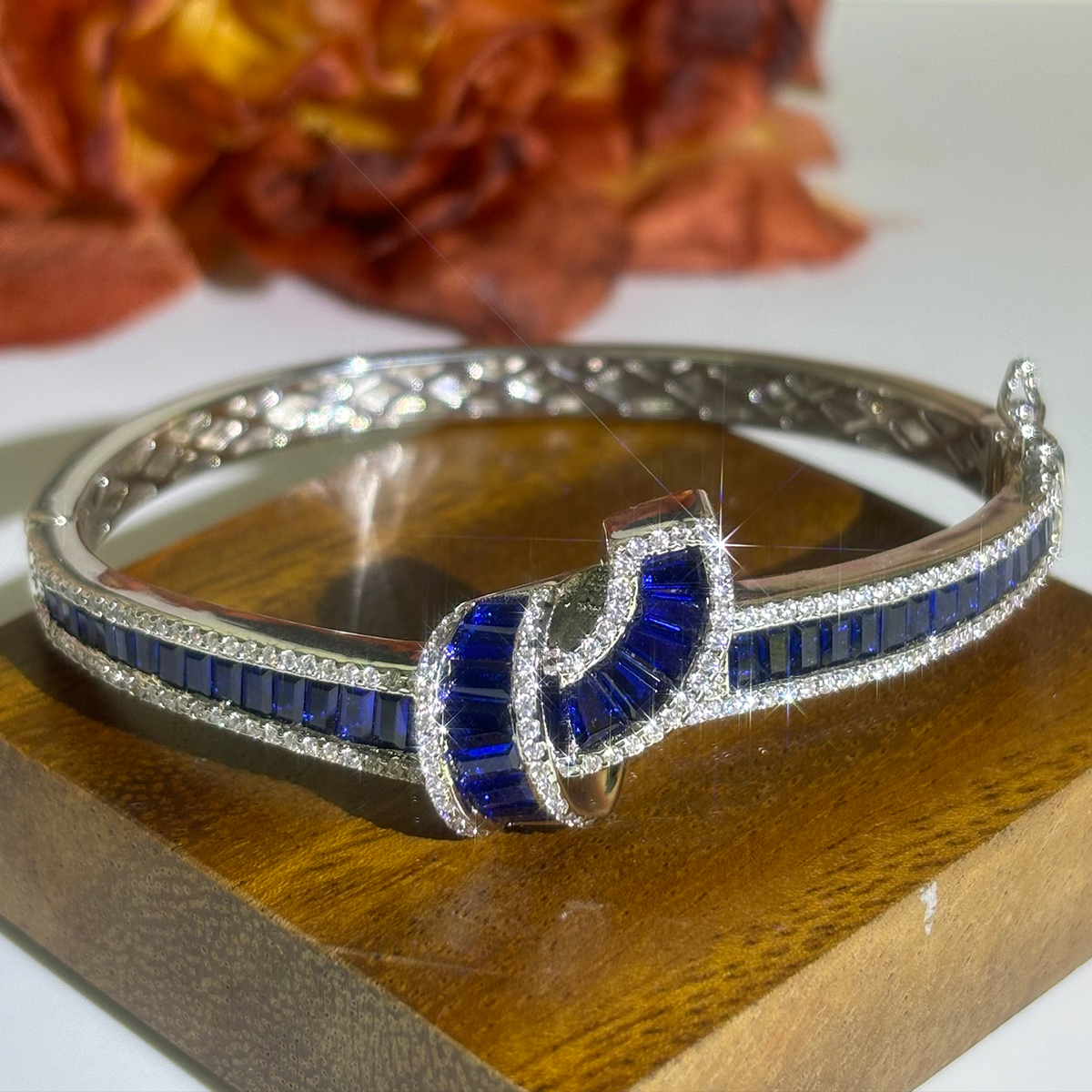 Diamond and Blue Sapphire Baguette Embrace Bangle Bracelet 