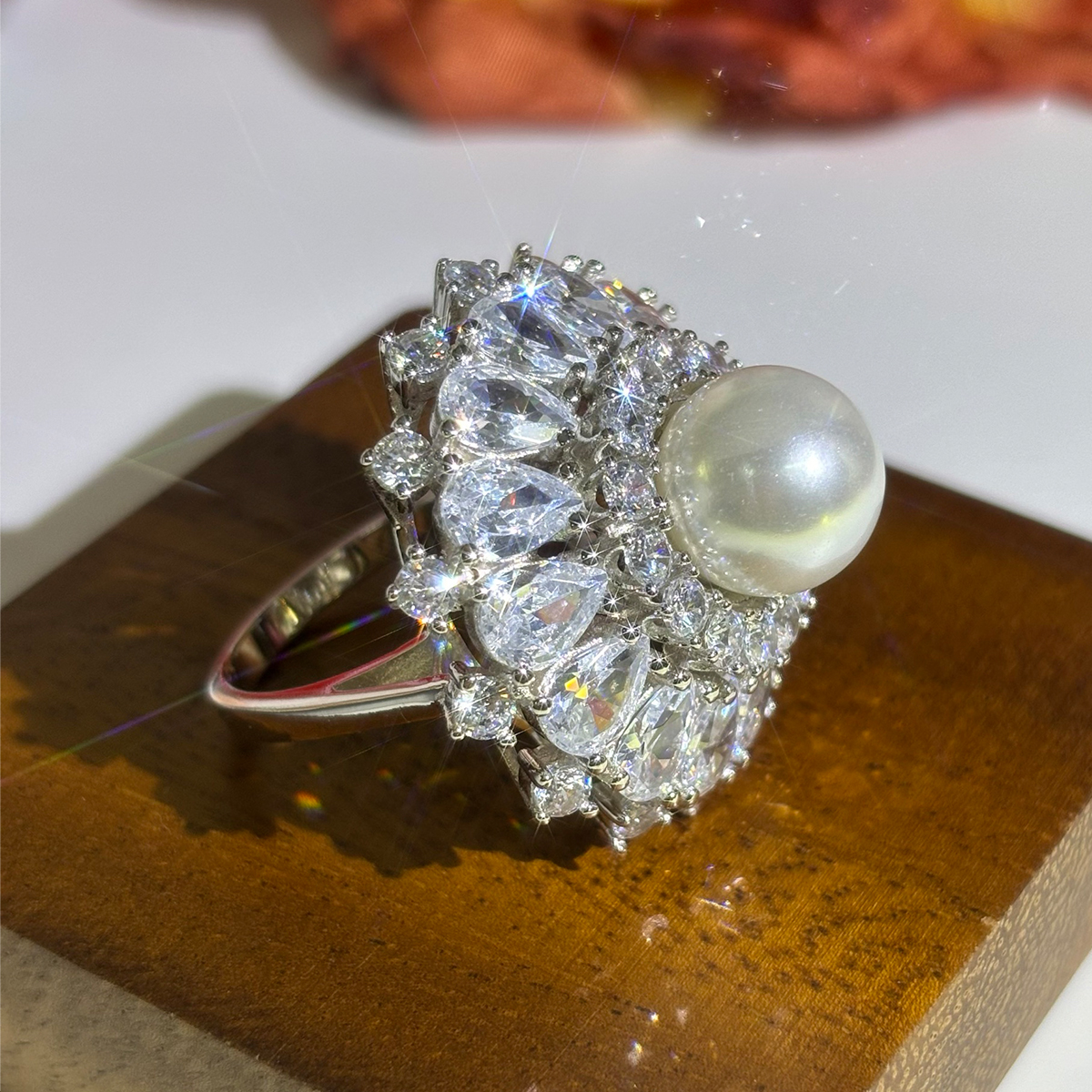 12mm Pearl Pear&Round Cut White Sapphire Cocktail Ring