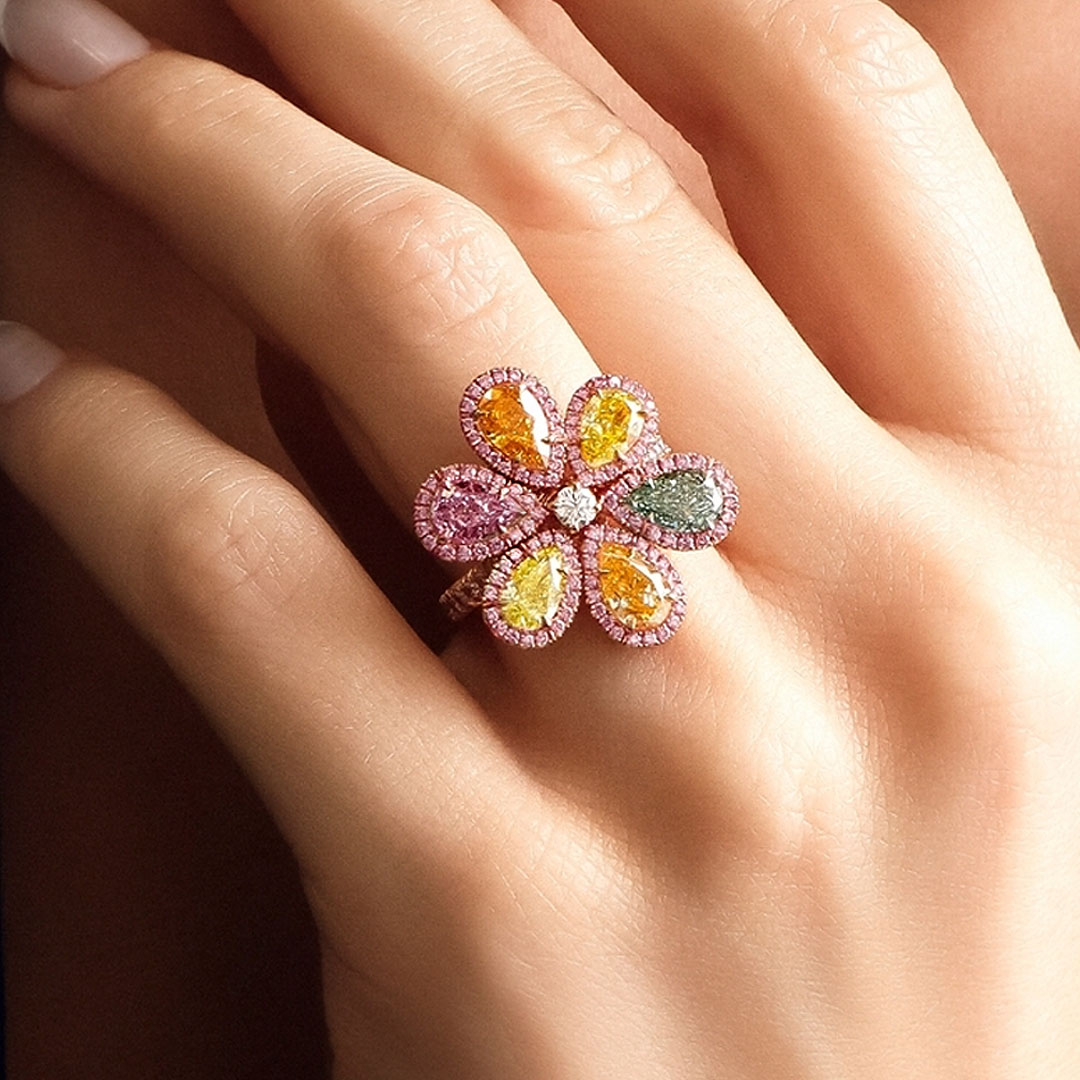 6.75ct Flower Design Pear Cut Rainbow Sapphire Cocktail Ring