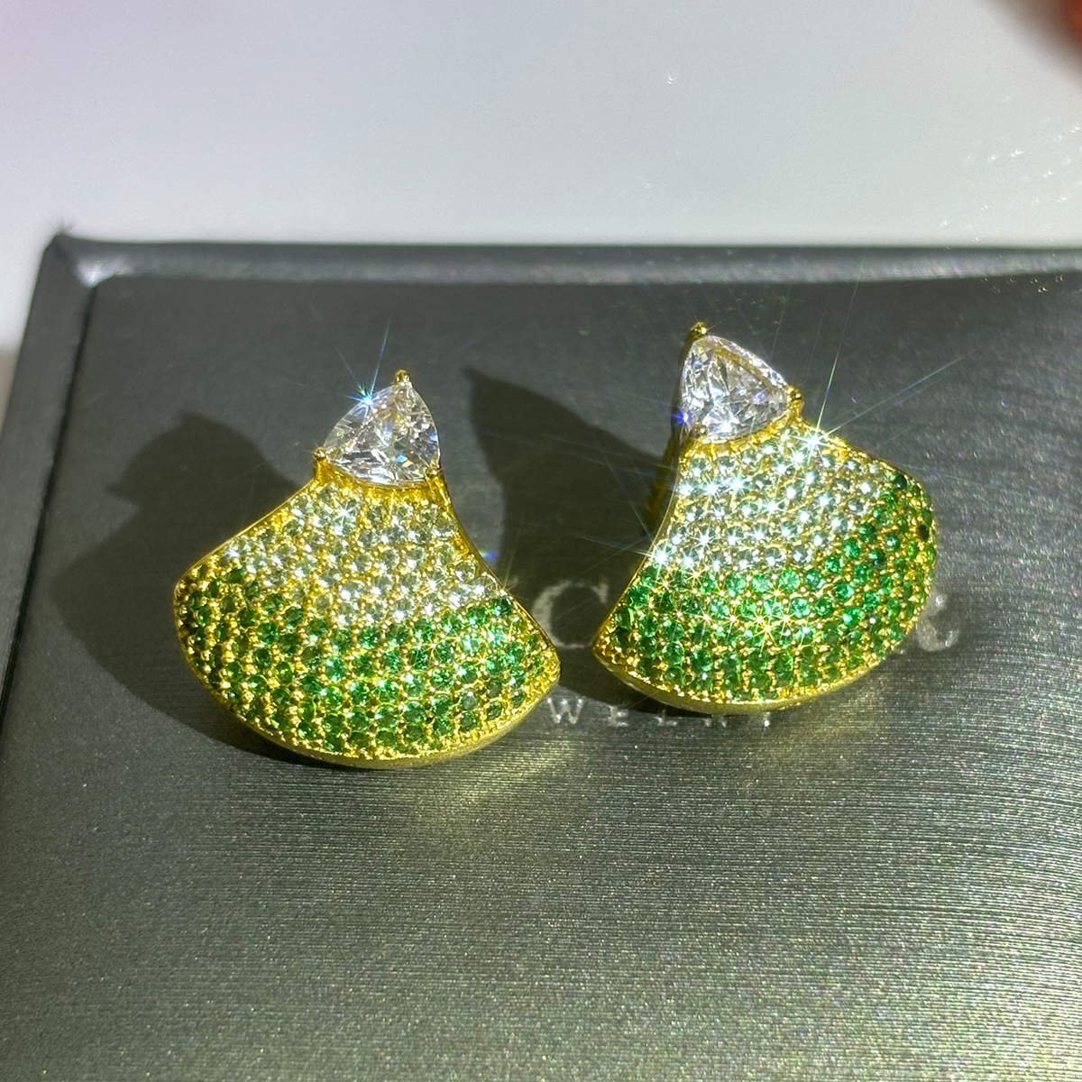 Fan Shape Gradient Emerald Sapphire Pave Stud Earrings
