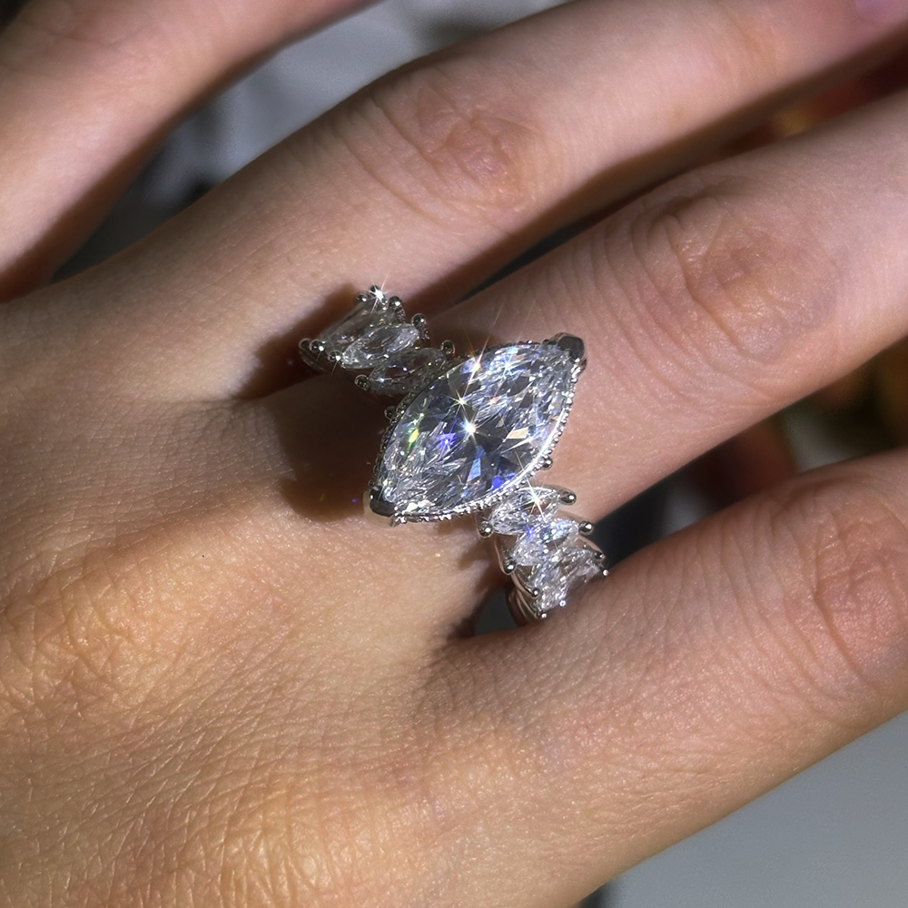 4ct Marquise Cut White Sapphire Diamond Accented Engagement Ring