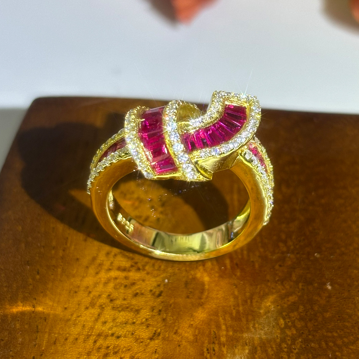 Knot Design 1.75ct Emerald Cut Ruby Wedding Band