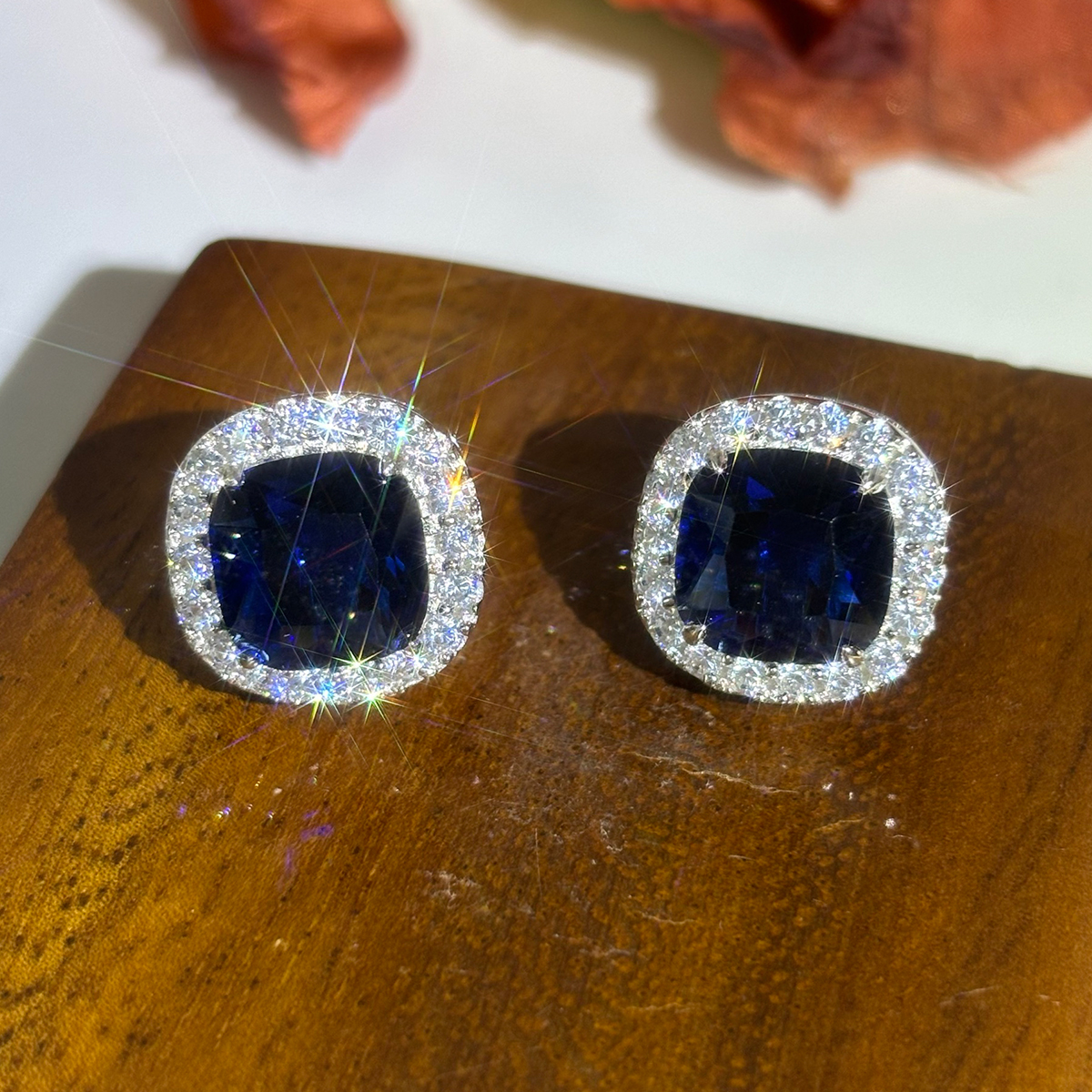 Blue Sapphire Cushion Cut Halo Stud Earrings