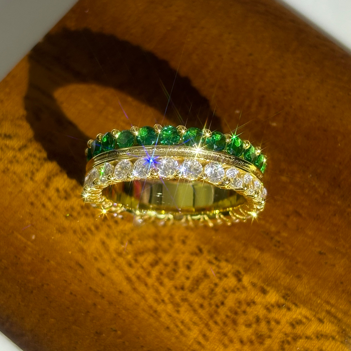 Emerald & White Sapphire Round Cut Two Color Band
