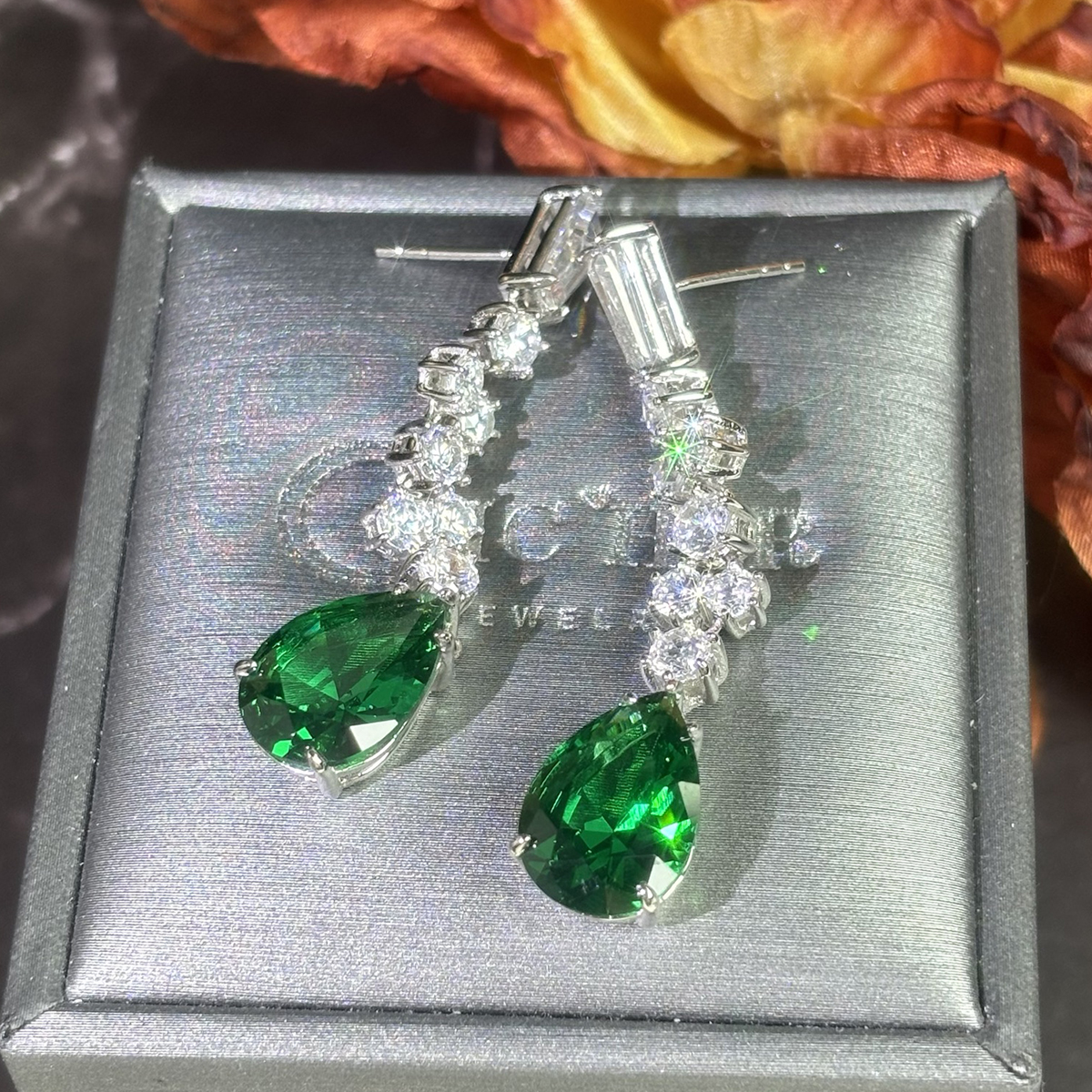 Two Tone White&Emerald Sapphire Drop Earrings