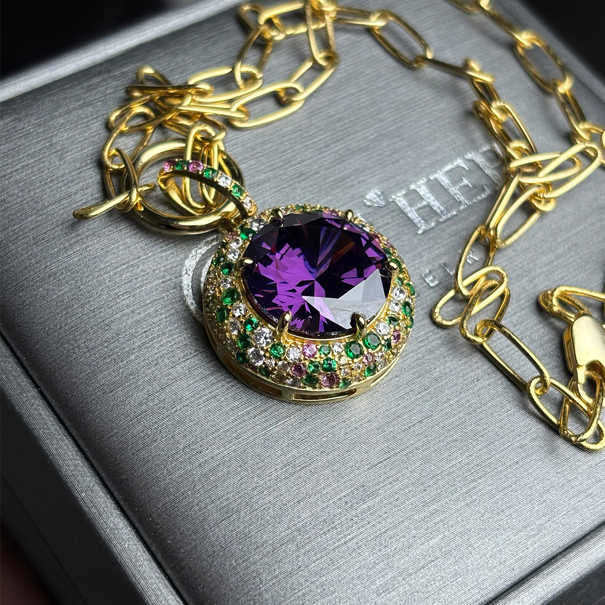 Round Cut Purple Sapphire Halo Pendant Necklace