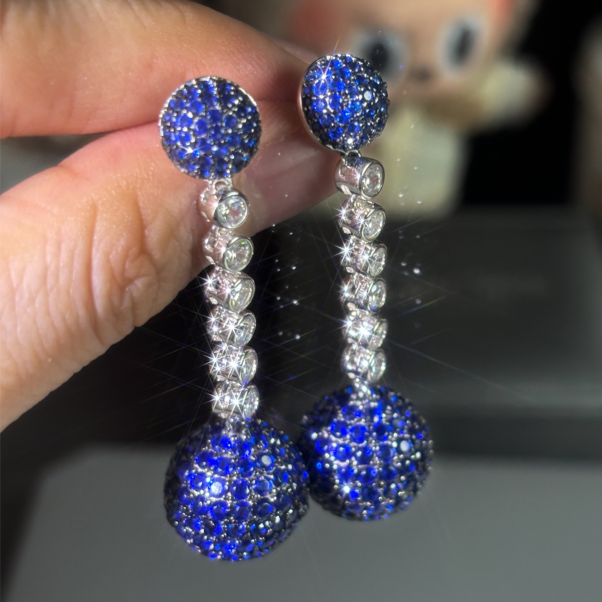 Ball Design Round Cut Sapphire&Diamond Dangle Earrings