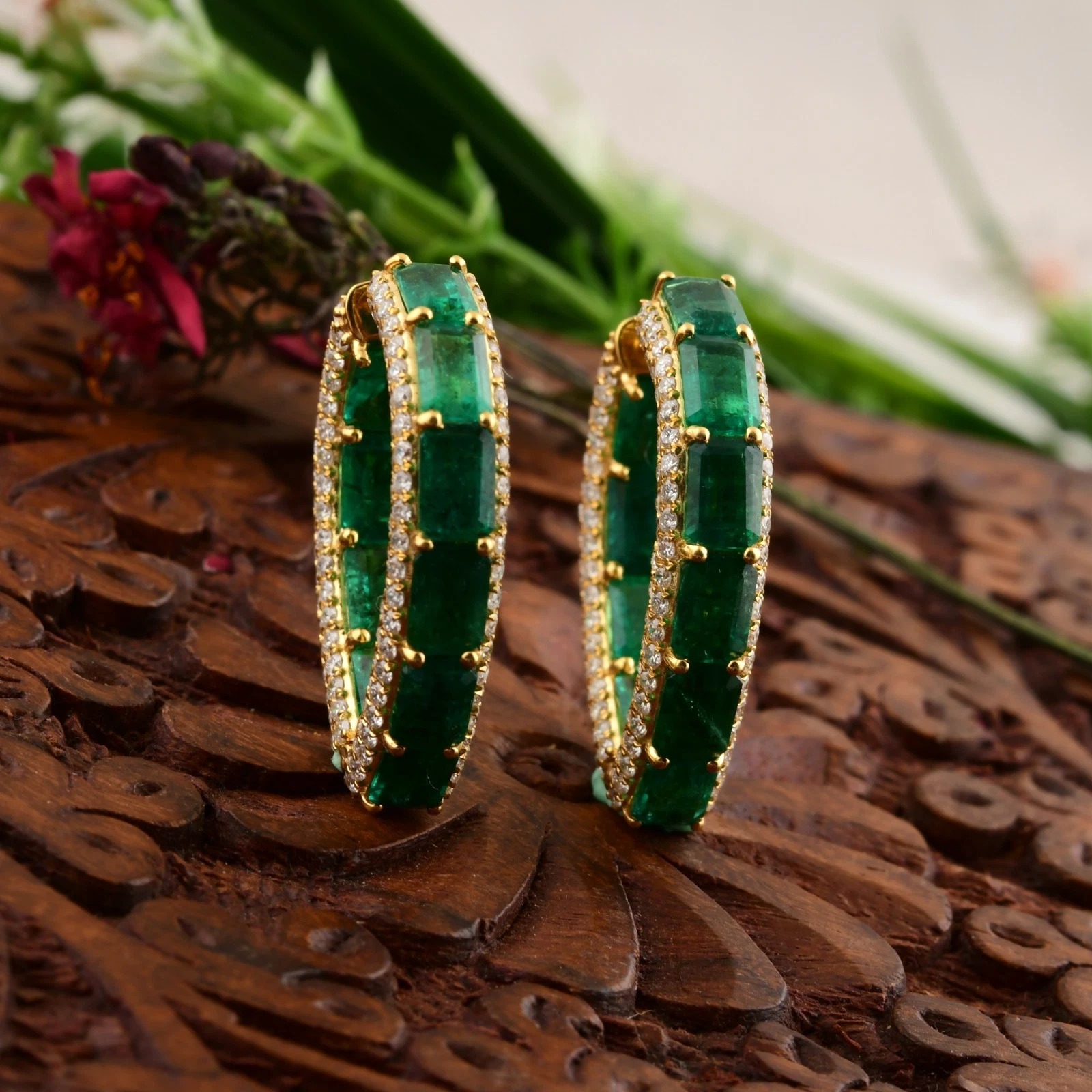 Emerald & White Sapphire Hoop Earrings