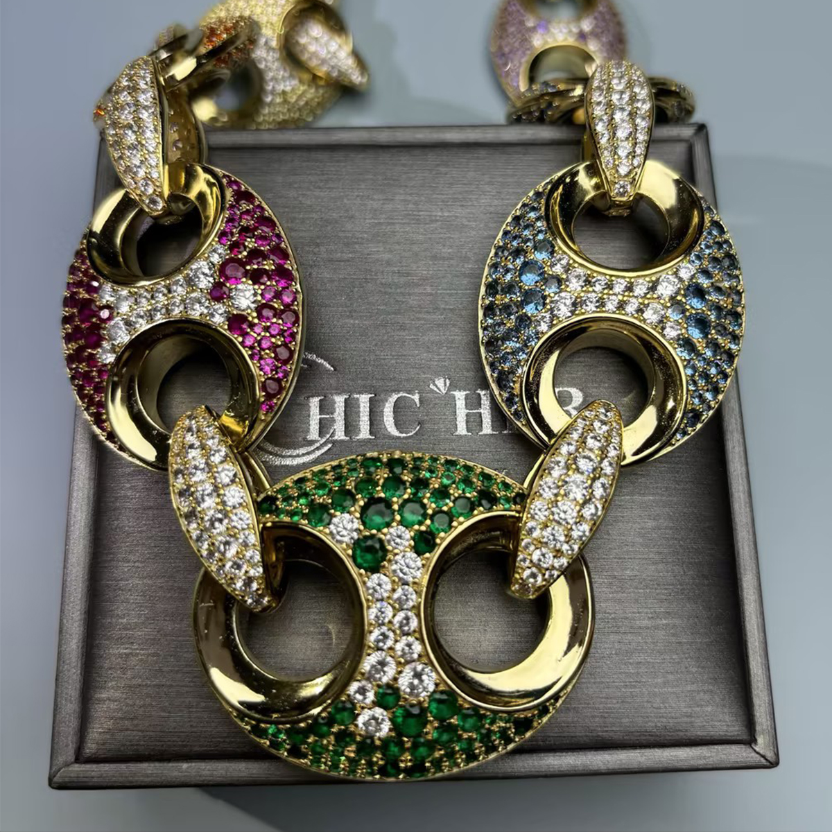 Round Cut Multi-Color Sapphire Bold Hip-Hop Necklace